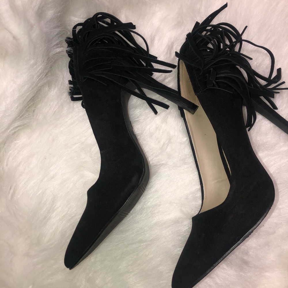 MIA Madelyn Black Suede Fringe Heels | Size 7.5 | 4” Heel | Boho Chic